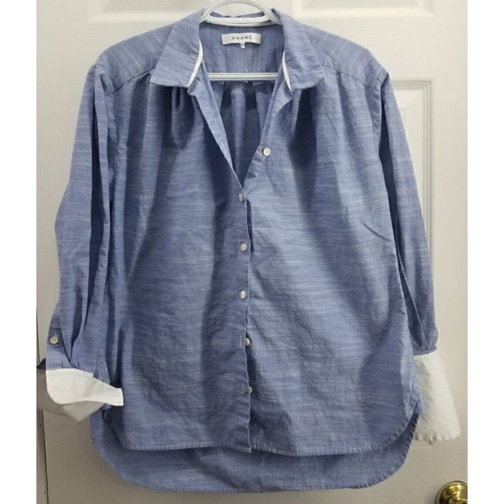 Frame Pleated Contrast Cuff Shirt In Oxford Blue Size Small